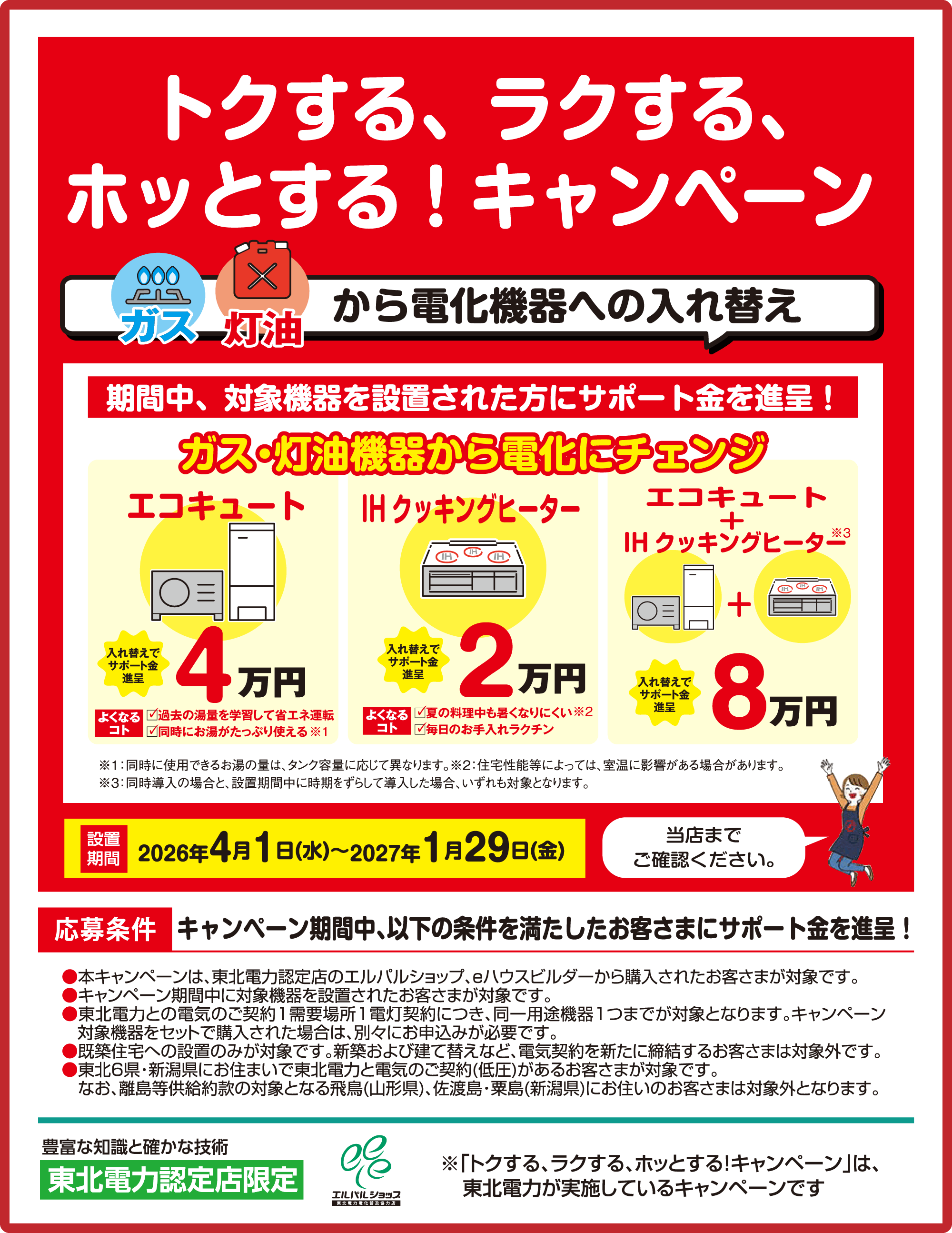 トクする、ラクする、ホッとする！キャンペーン ガス 灯油 から電化機器への入れ替え 期間中、対象機器を設置された方にサポート金を進呈！ ガス・灯油機器から電化にチェンジ エコキュート 入れ替えでサポート金進呈 4万円 よくなるコト 過去の湯量を学習して省エネ運転 同時にお湯がたっぷり使える IHクッキングヒーター 入れ替えでサポート金進呈 2万円 よくなるコト 夏の料理中も暑くなりにくい 毎日のお手入れラクチン エコキュート＋IHクッキングヒーター 入れ替えでサポート金進呈 8万円 ※1：同時に使用できるお湯の量は、タンク容量に応じて異なります。※2：住宅性能等によっては、室温に影響がある場合があります。※3：同時導入の場合と、設置期間中に時期をずらして導入した場合、いずれも対象となります。 設置期間 2026年4月1日(水)〜2027年1月29日(金) 当店までご確認ください。 応募条件 キャンペーン期間中、以下の条件を満たしたお客さまにサポート金を進呈！ 本キャンペーンは、東北電力認定店のエルパルショップ、eハウスビルダーから購入されたお客さまが対象です。 キャンペーン期間中に対象機器を設置されたお客さまが対象です。 東北電力との電気のご契約1需要場所1電灯契約につき、同一用途機器1つまでが対象となります。キャンペーン対象機器をセットで購入された場合は、別々にお申込みが必要です。 既築住宅への設置のみが対象です。新築および建て替えなど、電気契約を新たに締結するお客さまは対象外です。 東北6県・新潟県にお住まいで東北電力と電気のご契約(低圧)があるお客さまが対象です。なお、離島等供給約款の対象となる飛島(山形県)、佐渡島・粟島(新潟県)にお住いのお客さまは対象外となります。 豊富な知識と確かな技術 東北電力認定店限定 エルパルショップ ※「トクする、ラクする、ホッとする！キャンペーン」は、東北電力が実施しているキャンペーンです