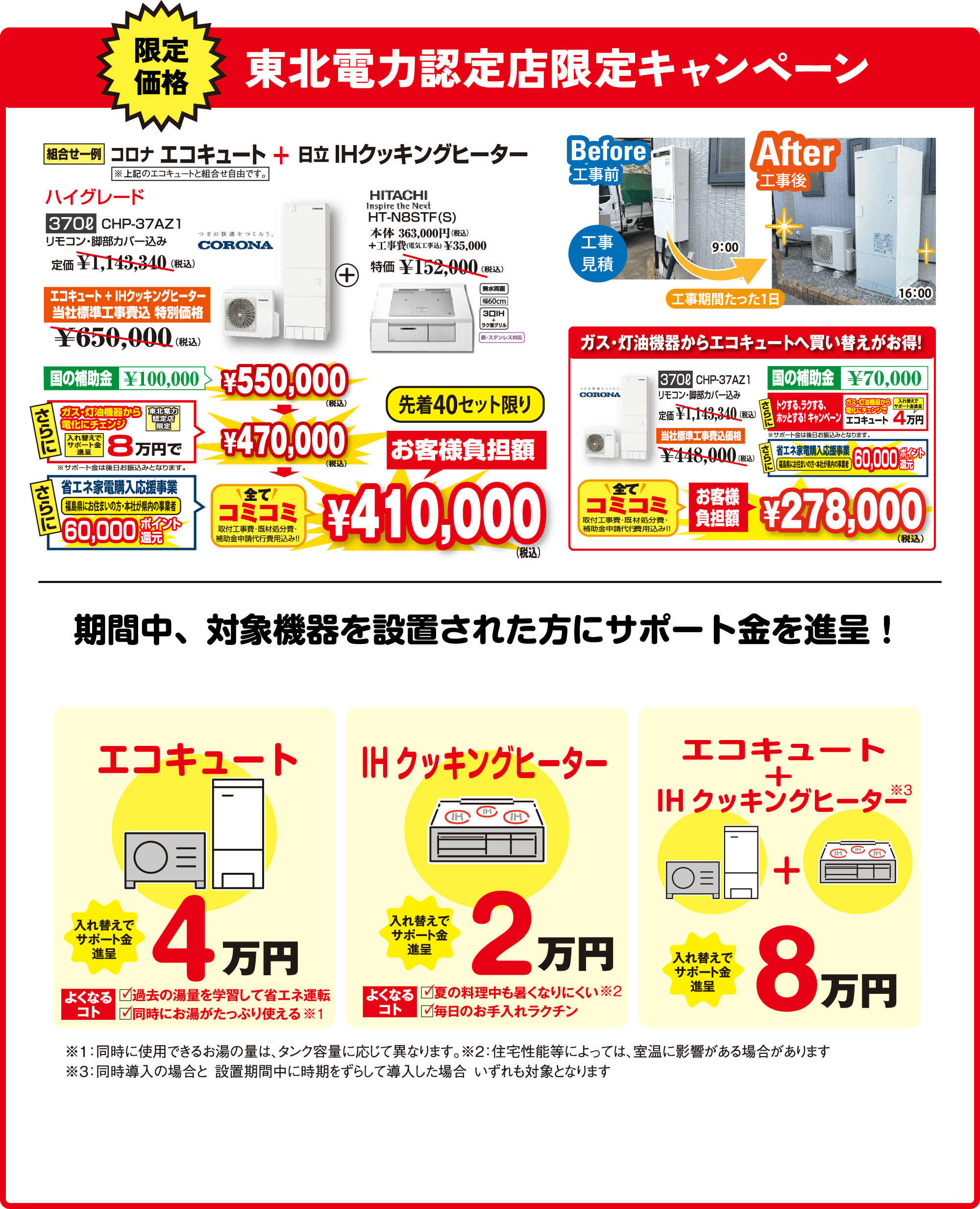 コロナエコキュート 最新モデル　370ℓ CHP-37AZ1 リモコン・脚部カバー込み　お客様負担額全てコミコミ（取付工事費・既材処分費・補助金申請代行費用込み！）￥448,000-さらに60000ポイント還元　お客様負担額￥338,000₋